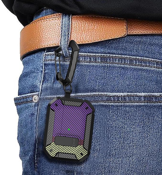 Maxjoy for AirPods Pro Case Cover with Lock, AirPods Pro 1st Generation Case for Men Military Rugged Protective Cover with Keychain Compatible with Apple AirPod Pros 2019 Front LED,Carbon Fiber Purple