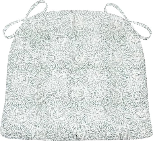 Barnett Home Decor Tibet Spa Dining Chair Pad with Ties - 19 x 19 Size Large Chair Cushion - Latex Foam Fill - Machine Washable, Reversible, 100% Cotton, Made in USA (Blue-Green Mandalas)