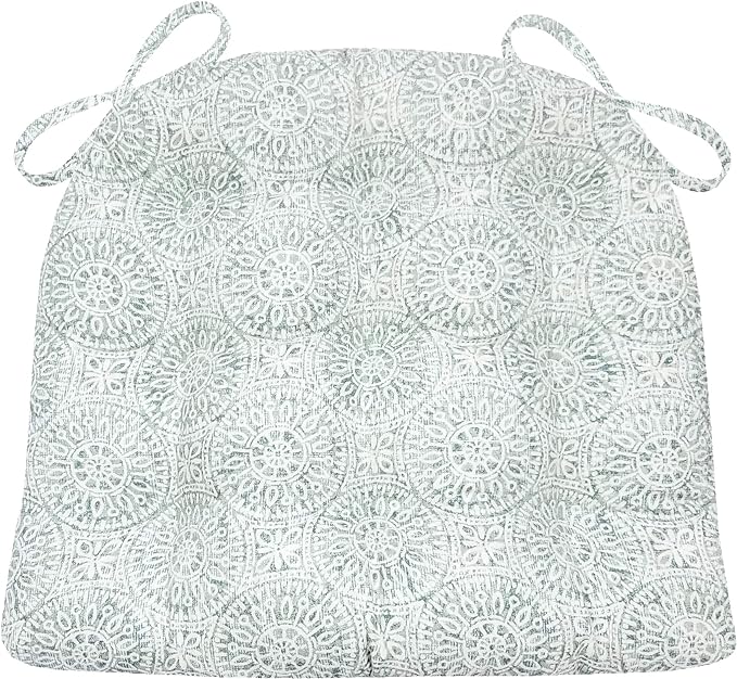 Barnett Home Decor Tibet Spa Dining Chair Pad with Ties - 15 x 17 Size Small Chair Cushion - Latex Foam Fill - Machine Washable, Reversible, 100% Cotton, Made in USA (Mandalas - Blue-Green)