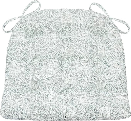 Barnett Home Decor Tibet Spa Dining Chair Pad with Ties - 15 x 17 Size Small Chair Cushion - Latex Foam Fill - Machine Washable, Reversible, 100% Cotton, Made in USA (Mandalas - Blue-Green)