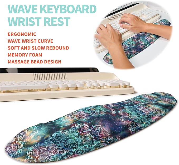 2-in-1 Ergonomic Set, Wave Rise Keyboard Wrist Rest and Massage Bulge Slope Mouse Pad Wrist Support, Cushion Memory Foam Integrated to Relieve Wrist Pain, Galaxy Mandala