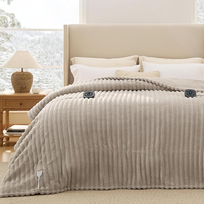 Bedsure Electric Blanket Queen Size - Thick Striped Flannel Electric Blanket with Dual Control, Heating with 10 Heat Settings & 10 Time Settings, 8 hrs Timer Auto Shut Off (84x90 inches, Linen)