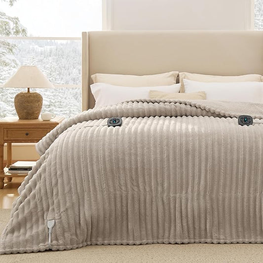Bedsure Electric Blanket King Size - Thick Striped Flannel Electric Blanket with Dual Control, Heating with 10 Heat Settings & 10 Time Settings, 8 hrs Timer Auto Shut Off (90x100 inches, Linen)