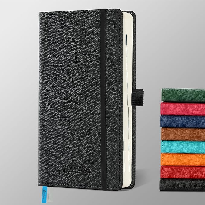 Weekly Monthly 2025-2026 Planner (July 25-Dec 26),6.5"x3.75",18 Months Agenda Plan with Month Tabs & Pocket,Expenses/Note Pages, Academic Calendar with Vegan Leather Cover,Black