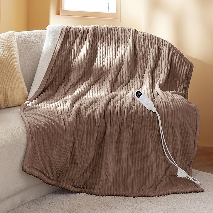 Bedsure GentleSoft Heated Blanket Throw - Soft Ribbed Flannel Electric Blanket, Heating with 4 Time Settings, 6 Heat Settings, and 3 hrs Timer Auto Shut Off, Gifts for Grandma (50x60 inches, Brown)