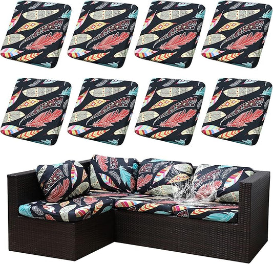 8Pcs Stretch Patio Cushion Covers Waterproof Outdoor Cushion Covers Patio Couch Cover Slipcovers, for Outdoor Furniture Protector Covers Replacement(Cover Only) (Feather)