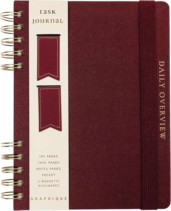 Daily Task Journal by Graphique Luxe Collection, Fabric-Wrapped Hardcover Spiral Notebook for Planning & Writing, Priority List Planner with Magnetic Bookmarks & Gold Foil Embossing,192 Pages, 6” x 8”, Plum Red
