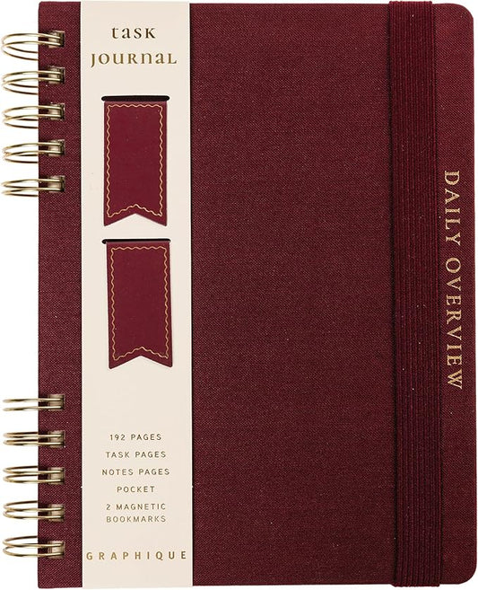 Daily Task Journal by Graphique Luxe Collection, Fabric-Wrapped Hardcover Spiral Notebook for Planning & Writing, Priority List Planner with Magnetic Bookmarks & Gold Foil Embossing,192 Pages, 6” x 8”, Plum Red