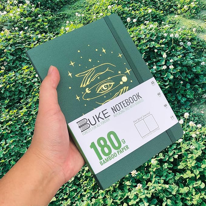 BUKE A5 Dotted Journal Dot Grid Notebook 180Gsm Bamboo White Paper, 5 * 5MM Dot Grid 160 Pages, Colored Silver Edges, Waterproof Fabric Hardcover