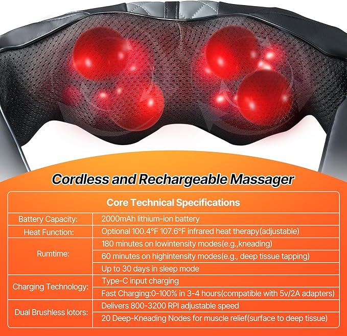 Neck Shoulder Massager with Heat - Cordless Back and Neck Massage Pain Relief Deep 5D Tissue Shiatsu Kneading Massager for Shoulder Back Leg Gifts for Mom Dad Men Women Her Him