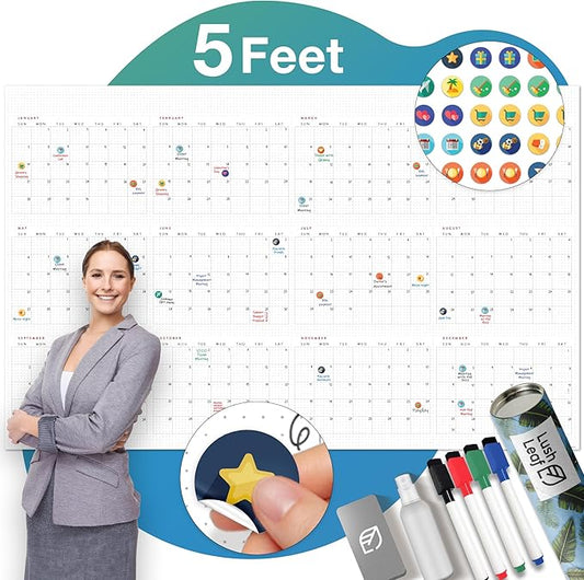 Large Dry Erase Calendar for Wall, 38" x 60" - Undated, Yearly, Reusable - Full 12 Month Year - Includes Markers, Eraser & Accessories