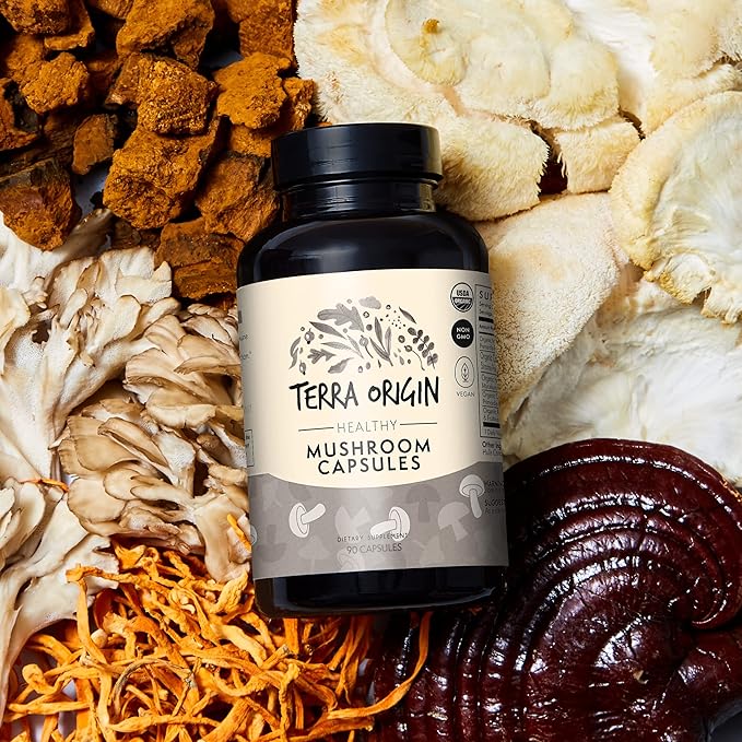 TERRA ORIGIN Healthy Mushroom Complex Supplement | 90 Capsules | Reishi, Lions Mane, Changa, Cordyceps, Maitake | Immune & Nootropic Brain Support | Certified USDA Organic, Non GMO, Vegan