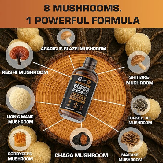 Mushroom Supplement - Lions Mane Reishi Cordyceps Chaga Turkey Tail Inulin & More Mushrooms For Immune Support, Energy - Premium Nootropic Brain Supplements For Memory And Focus - Made in USA 2 FL Oz
