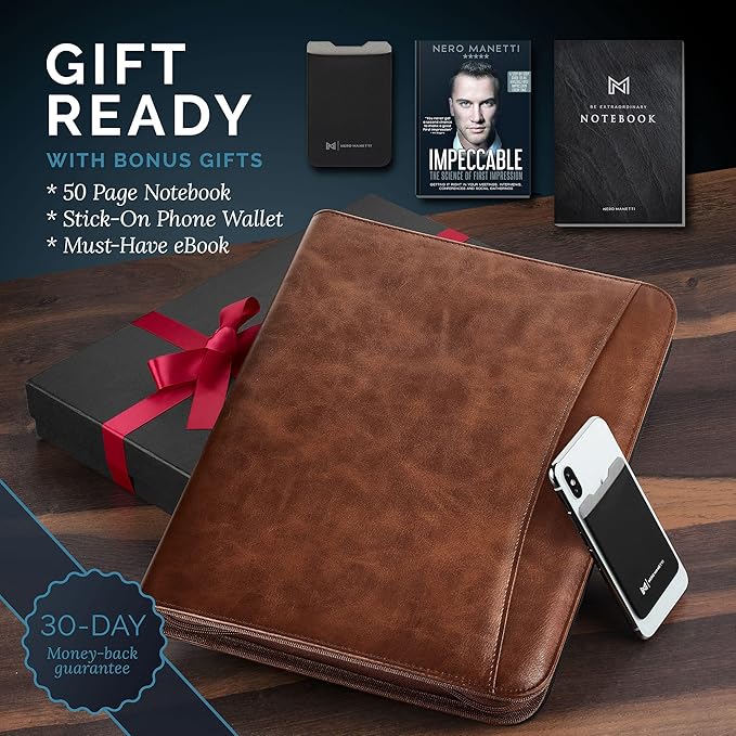 NERO MANETTI- Zippered Vegan Leather Padfolio/Portfolio Pad Holder-Business PU Leather Notepad Folder for Resumes, Interviews, iPad/Tablet, Phone, Legal Pad Notebook Executive Binder for Women, Men