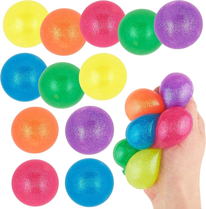 12pc Value Pack - Squeeze Balls in Assorted Glitter Colors - Fidget Toy Stress Balls for Adults and Kids - Anxiety Relief Items to Squish, Squeeze, Throw and Stick Fidgets for Kids