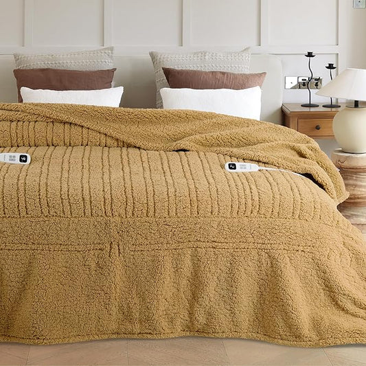 Electric Heated Blanket Queen 84x90 inches, Fast Heating w/ 10 Heat Settings & 2/4/8/10H Auto Timer, Double-Sided Sherpa, Ultra Soft & Cozy for Couch, Bed, Office, Machine Washable, Camel