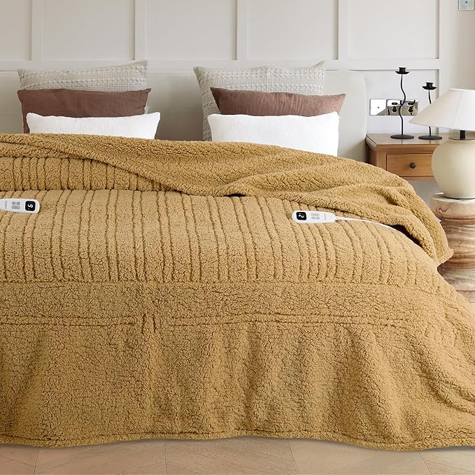 Electric Heated Blanket King 90x100 inches, Fast Heating w/ 10 Heat Settings & 2/4/8/10H Auto Timer, Double-Sided Sherpa, Ultra Soft & Cozy for Couch, Bed, Office, Machine Washable, Camel
