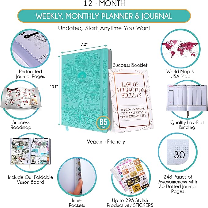 Hourly Planner – Undated Weekly & Monthly Goal Setting Planner, 12-Month to Increase Productivity | Life & Gratitude Journal, Include Foldable Vision Board, Gift Box & Stickers