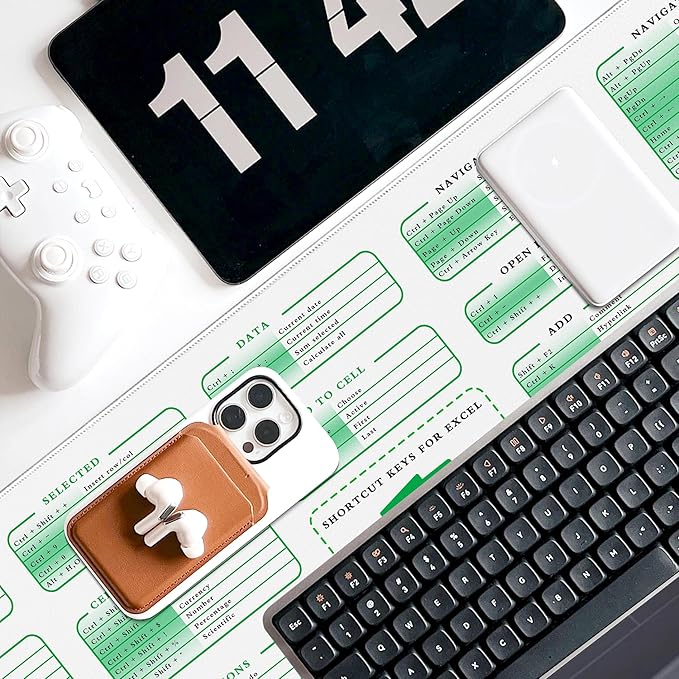 Excel Cheat Sheet Desk Pad, 31.5"x11.8", Waterproof Extra Large Excel Shortcut Mat with Stitched Edges, Anti-Slip Excel Mouse Pad for Office Desk, MS Excel/Word Shortcuts (White Excel)