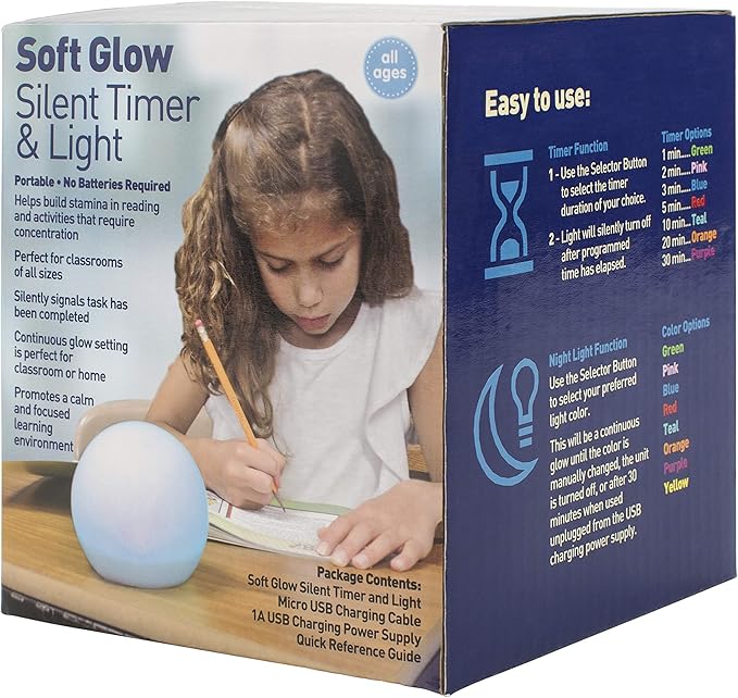 Soft Glow Silent Timer & Color Changing Light for Baby Kids and Teachers, at Home Night Light or Timed Classroom Activities, Portable and Rechargeable