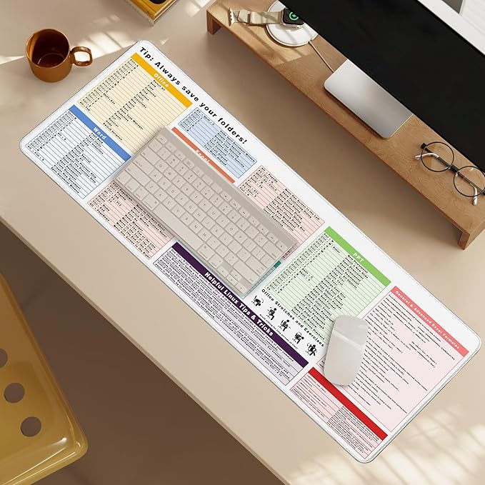 Excel Cheat Sheet Desk Pad, 31.5"x11.8", Waterproof Extra Large Excel Shortcut Mat with Stitched Edges, Anti-Slip Excel Mouse Pad for Office Desk, MS Excel/Word Shortcuts (White Shortcut Key B)