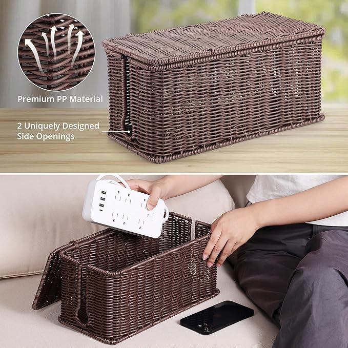 Large Cable Management Box, Handwoven Imitation Rattan Cord Organizer Cord Hider Box, Desk Cord Management Box to Hide Cords and Power Strips, Dark Brown