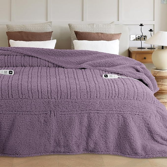 Electric Heated Blanket King 90x100 inches, Fast Heating w/ 10 Heat Settings & 2/4/8/10H Auto Timer, Double-Sided Sherpa, Ultra Soft & Cozy for Couch, Bed, Office, Machine Washable, Purple