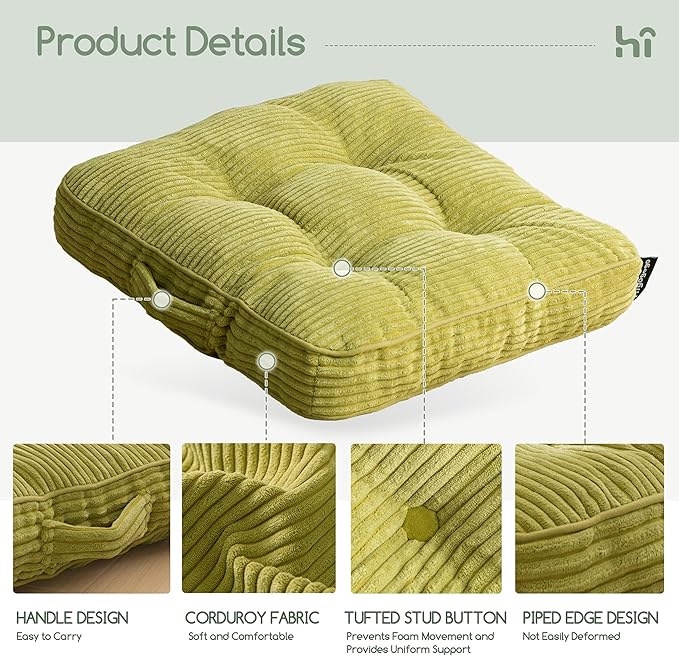 Washable Floor Pillow Cushion for Adults, Meditation Cushion Pillow, Large Square Floor Sitting, Removable Tufted Corduroy Cover, for Tatami Living Room or Yoga, 22x22 Inch, 2Pack, Machine Washable