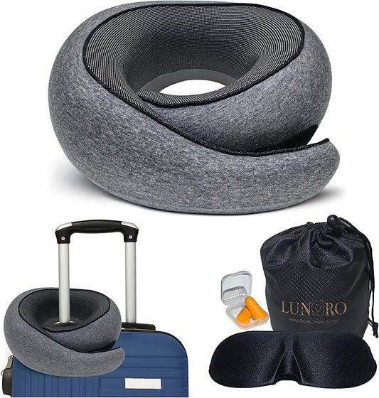 Premium Memory Foam Travel Neck Pillow for Airplane & Car – Updated Ergonomic Wrap-Around Design with Adjustable Strap, Washable Cover, Carry Bag & Sleep Mask– Travel Essentials for Men & Women