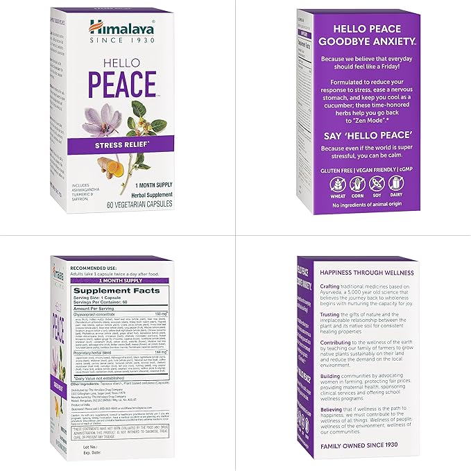 Himalaya Hello Peace - Herbal Stress Relief Supplement with Ashwagandha and Turmeric for Normal Cortisol and Adrenal Support - Vegan, Non-GMO, Gluten Free, 60 Capsules