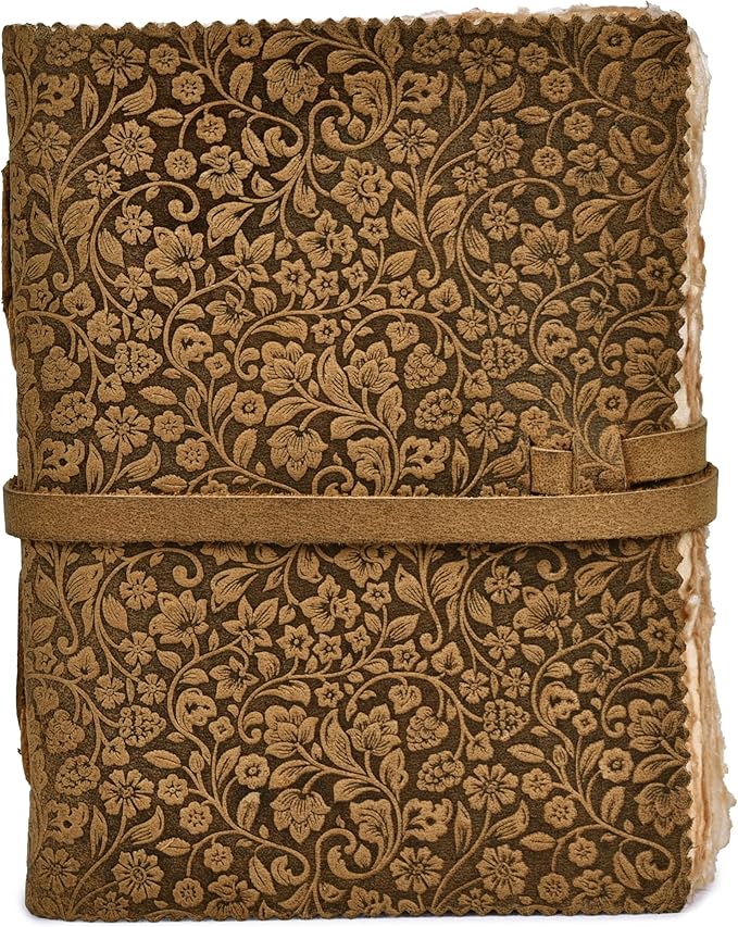 LEATHER VILLAGE Leather Bound Floral Embossed Journal for Women Men - 200 Pages, 10X7 Inches, Suntan - Book of Shadows, Vintage Blank Paper Travel Diary, Notebook for Writing, Drawing, Sketchbook