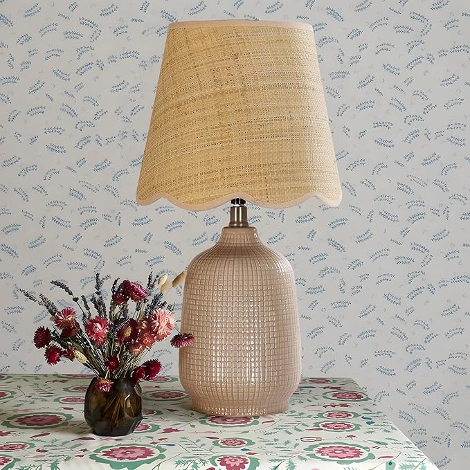 Pia Ricco 19" Modern Ceramic Table Lamp for Living Room Gray Camel Base Desk Lamps for Bedroom Farmhouse Bedside Nightstand Lamp End Table Lamps,Pink,Rattan Shade