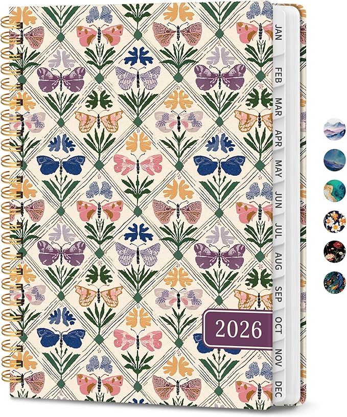 2026 Planner, Monthly and Weekly Calendar Planner for Women, January 2026 - December 2026, Hardcover Pretty 2026 Agenda Planner Book with Tabs, Spiral Bound, Perfect for School Office Home Supplies, 6.3" x 8.5" - Butterfly Patchwork
