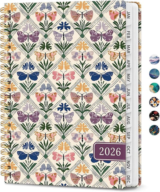 2026 Planner, Monthly and Weekly Calendar Planner for Women, January 2026 - December 2026, Hardcover Pretty 2026 Agenda Planner Book with Tabs, Spiral Bound, Perfect for School Office Home Supplies, 6.3" x 8.5" - Butterfly Patchwork