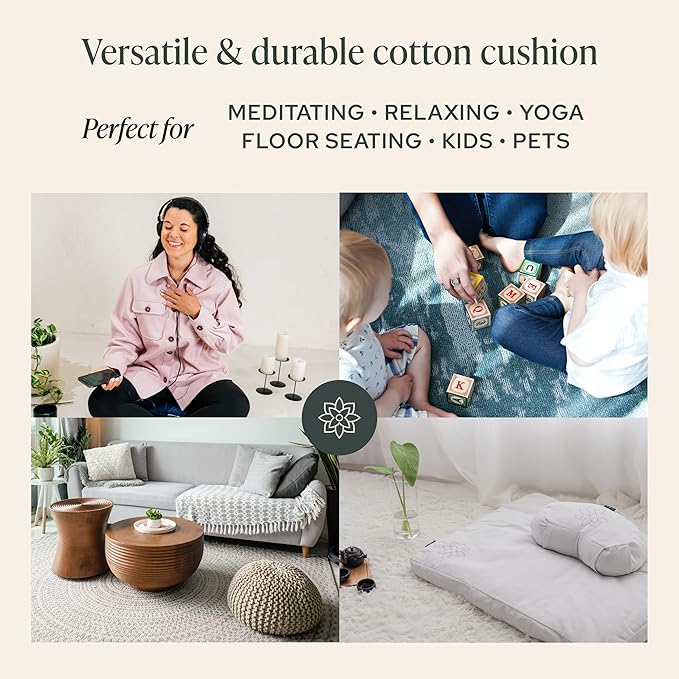 Mindful & Modern Large Meditation Cushion | Zafu Yoga Bolster Meditation Floor Pillow Seat | Buckwheat Hull Filled Crescent Shaped Cushion with Removable Washable Cover + Carry Handle