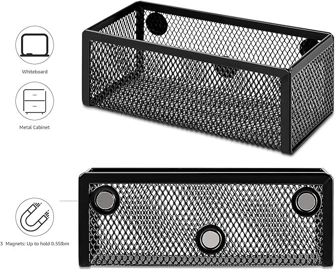 Amazon Basics Magnetic storage Bins, Office Caddy Storage, Black, Pack of 3, 6" x 2.5" x 2.2"