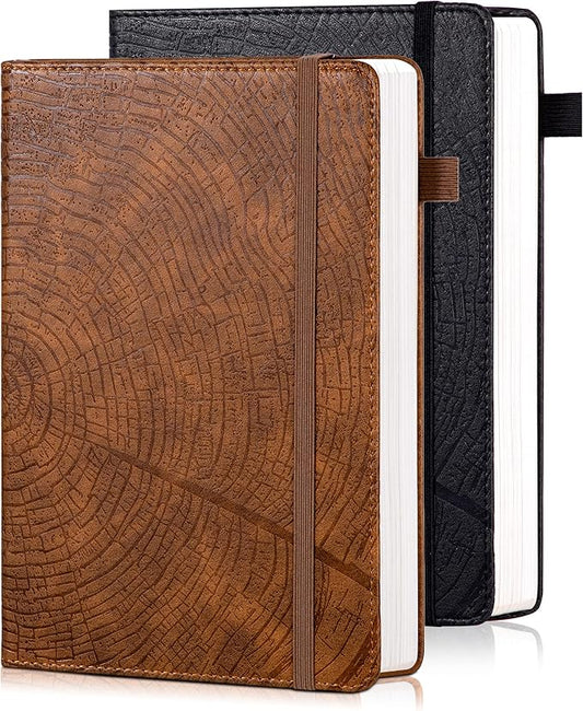 CAGIE Lined Journal for Men Women, Tree Growth Ring Leather Bound Journal Notebook, 256 Pages 100 GSM Journals for Writing, A5 Hardcover Journaling Notebooks,2 Pack (Brown & Black)