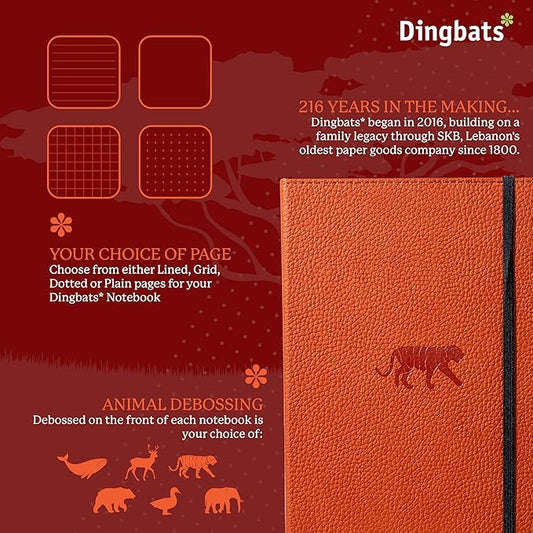 Dingbats* Wildlife Grid Writing Journal Notebook A5 - Vegan Leather Hardcover - Ideal for Work, Travel - Pocket, Elastic Closure, & Bookmark