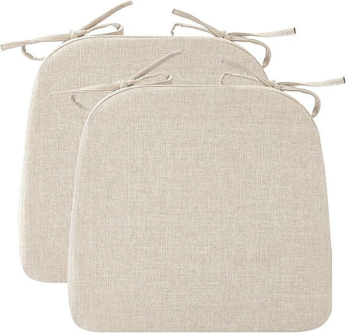 Chair Cushions for Dining Chairs, 2" Thick Seat Cushions for Kitchen Chairs, D-Shaped Chair Pads with Washable Cover, Ties and Non Slip Backing, 17'' x 16'', Set of 2, Beige