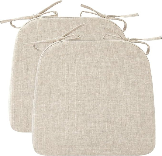 Chair Cushions for Dining Chairs, 2" Thick Seat Cushions for Kitchen Chairs, D-Shaped Chair Pads with Washable Cover, Ties and Non Slip Backing, 17'' x 16'', Set of 2, Beige