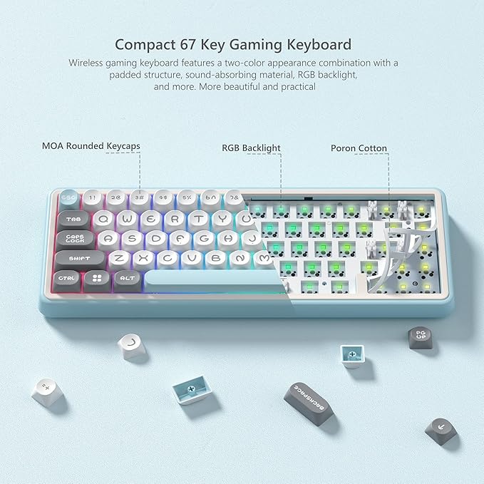 Womier 60% Keyboard Wireless, Creamy Mechanical Gaming Keyboard Hot Swappable Gasket, RGB Key Board for Bluetooth/2.4GHz/USB-C, PBT Keycaps, Pre-lubed POM Switches(WK60-Blue)