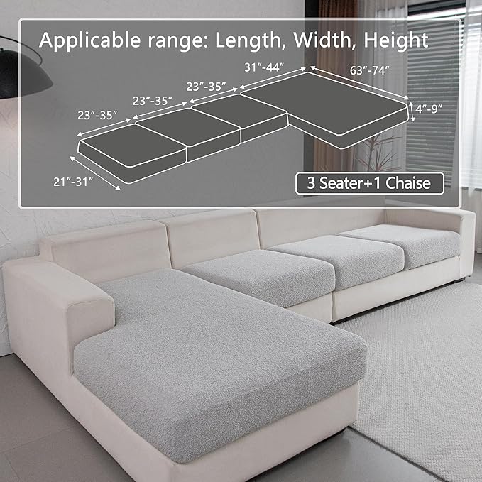 Couch Cushion Covers for Sectional Sofa, Stretch Soft Sofa Slipcovers Washable Wear-Resistant Universal Furniture Protector for Living Room(3 Seaters Covers+1 Chaise Cover, Light Gray)