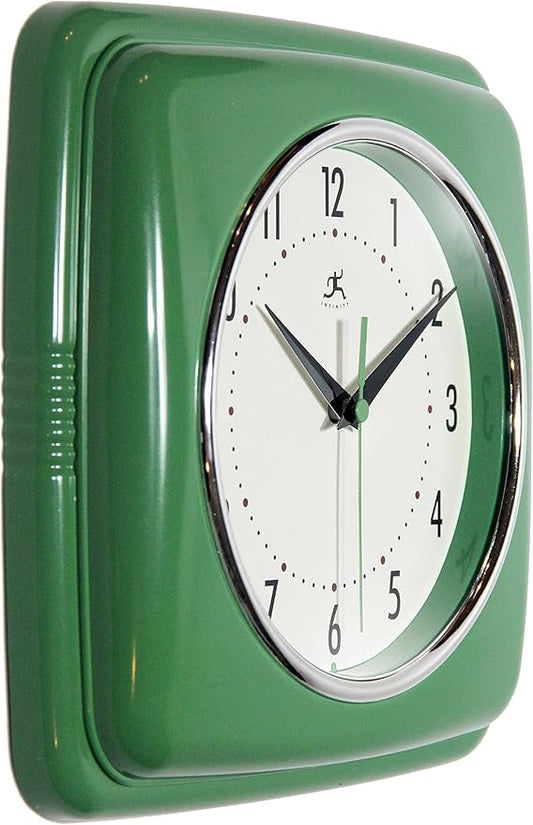 Infinity Instruments Square Silent Retro 9 inch Mid Century Modern Kitchen Diner Retro Wall Clock Quartz Sweep Movement (Green)