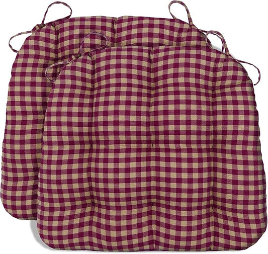Barnett Home Decor Dining Chair Cushions with Ties, 16.5 x 18, Pack of 2 – Farmhouse Check Dark Red – 100% Cotton, Latex Foam Fill, Made in USA