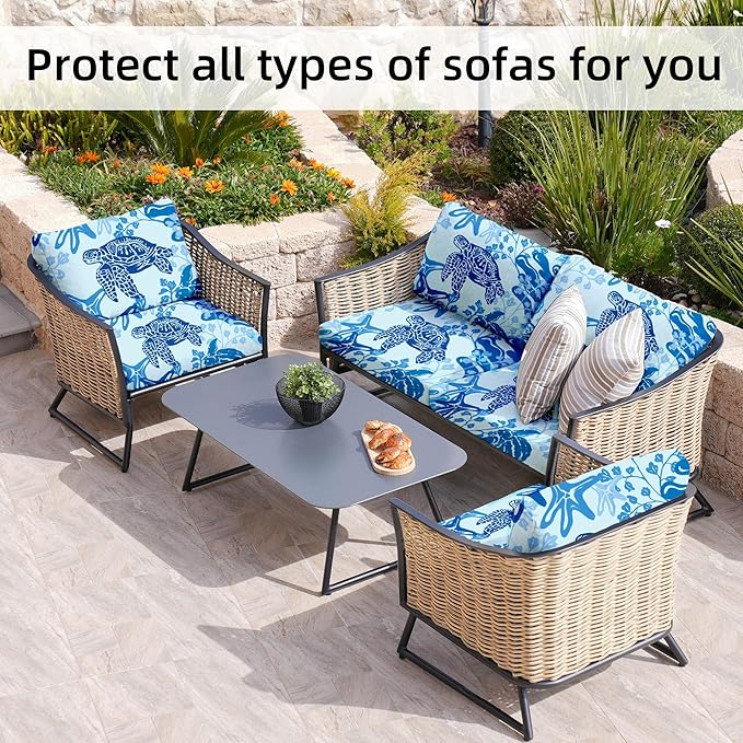 8Pcs Stretch Patio Cushion Covers,Outdoor Couch Covers Replacement,Outdoor Couch & Sofa Slipcovers,for Patio Furniture Cushion Covers,Washable Reusable Furniture Protector (Sea Turtle,Cover Only)