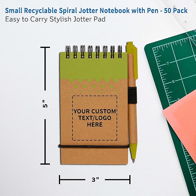 DISCOUNT PROMOS 50 Recyclable Spiral Small Notebooks Pack - Customizable Text, Logo - 60 Lined Pages - Lime Green
