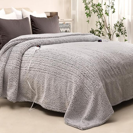 Electric Blanket Queen 84 x 90 Inches, Double-Sided Sherpa, Soft & Cozy Thick Heated Blanket with 6 Heat Settings, 1-10 Hour Auto Off, Machine Washable, Ideal for Couch, Sofa, Bed, Office, Light Grey