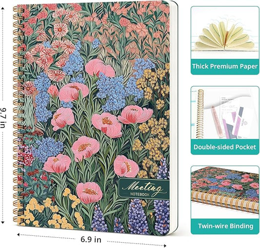 Meeting Notebook for Work Organization, Aesthetic Meeting Minutes Notebook for Work, Event Project Agenda Planner Organizer, Perfect for Office School Business, 6.9" X 9.7" - Blooming Symphony