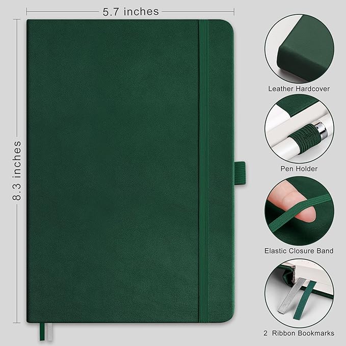 RETTACY Bullet Dotted Journal Notebook, 2-Pack, 160 Numbered Pages per Pack, A5 Medium Size (5.7'' x 8.3''), 120 GSM Thick Paper, Leather Hardcover, for Bullet Journaling (Black & Dark Green)