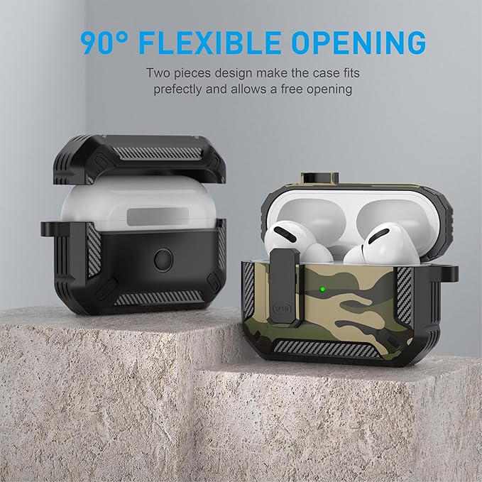 Maxjoy for AirPods Pro Case Cover with Lock, AirPods Pro 1st Generation Case for Men Military Rugged Protective Cover with Keychain Compatible with Apple AirPod Pros 2019 Front LED Visible,Jungle Camo